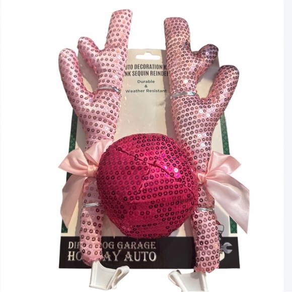 Pink Sequin Reindeer Antlers and Nose Set Car Festive Decor